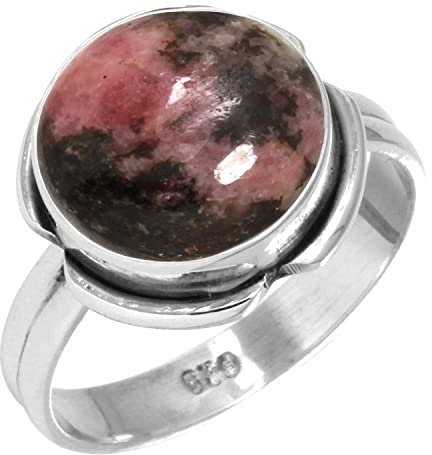 Jeweloporium 925 Sterling Silber Ringe für Damen Natürlich Pink Rhodonite In Black Manganese mit Stein Boho Silber Ringe Größe 55(17.5) Halloween Geschenk Handgefertigt Schmuck