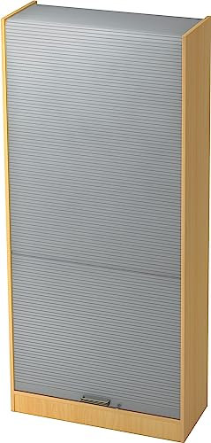 bümö Rollladenschrank in Buche/Silber mit Streifengriff - Vertikal Jalousieschrank 90 cm breit, Aktenschrank abschließbar, Büroschrank für Ordner & Co.