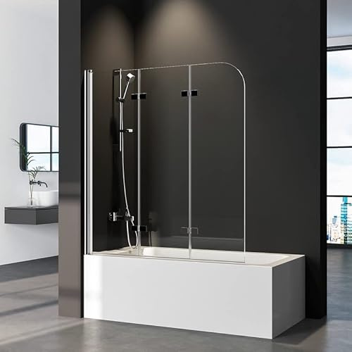 Duschwand für Badewanne 3-teilig Faltbar 120x140 cm, Glas Klappbar Badewannenaufsatz, Duschabtrennung für Badewanne aus 6mm Sicherheitsglas (ESG) mit Nano Beschichtung, Badewannenfaltwand