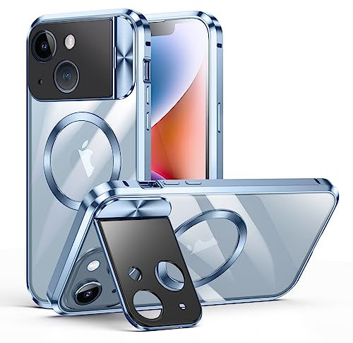 iPhone 15 Hülle Doppelseitige Schnalle, Kompatibel mit Magsafe Magnetische Adsorption Metall Bumper mit Kamera-Abdeckung, Ganzkörperschutz Metall Bumper Case (Blau)