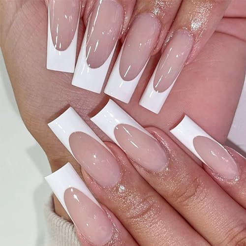Long French False Nails Square 24PCS French Tip False Nails, Gloss Nude White Fake Nails, Full Cover Press on Nails with Jelly Glue, Stick on Nails for Women Girls Nails Art