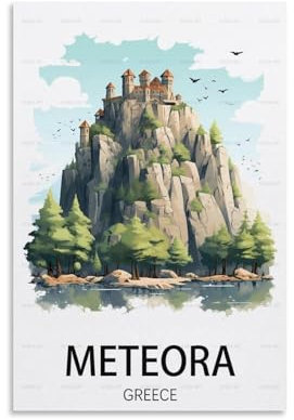 Meteora Vintage-Reiseposter mit Griechenlandschaft, 60 x 90 cm, Leinwand-Kunstposter für Wohnzimmer, Dekoration, Gemälde für Heimdekoration
