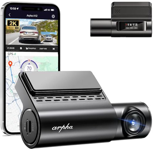 ARPHA A12 WiFi 2K Dash Cam, Voice Control Dashcam for Cars, 150° Wide Angle Front Hidden Car Dash Camera with Free APP, Built-in GPS, Night Vision, G-sensor, 24H Parking Mode, Fatigue Driving Reminder