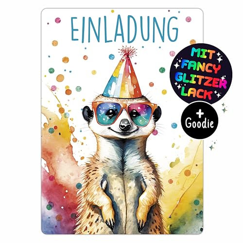 CALLUNA® Erdmännchen GLITZER Einladungskarten Kindergeburtstag Mädchen & Junge – 12 Stück – Witzige Erdmännchen Geburtstag Einladungen mit buntem Glitzerlack – Einladung für Kids & Teenies (o. Hüllen)