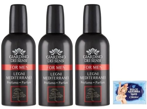 3x Giardino dei Sensi Profumo For Men Legni Mediterranei, Profumo da Uomo intenso e Originale 100ml + 1 Confezione di Talco Felce Azzurra in omaggio, Busta da 100g
