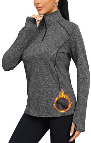 Terecey Wandershirt Laufshirt Damen Langarm Sport T-Shirts Leicht 1/4 Reißverschluss Funktionsshirt Atmungsaktiv UPF 50+ UV Tshirt mit Daumenloch fur Outdoor Tennis Golf, Schiefer Grau XL
