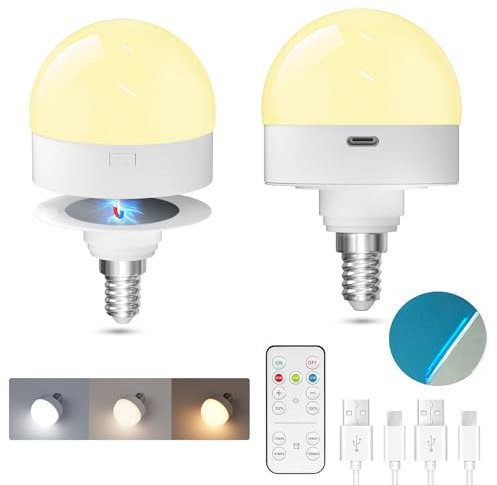 TobeBright Rechargeable Light Bulb, E14 Battery Powered Light Bulb 3 Colour Temperature Dimmable with Remote Control, Magnetic LED Light for Non Hardwired Lamps, Table Lamps, Bedside(2-Pack)