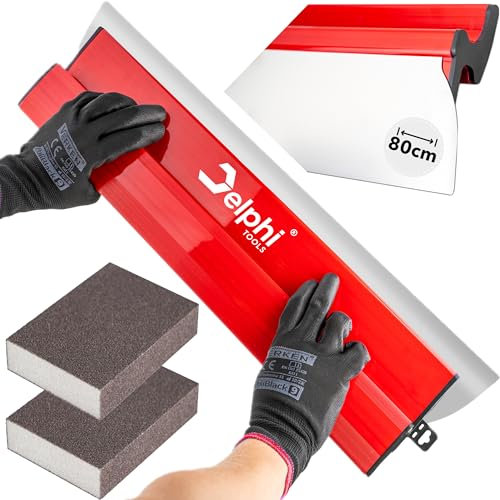 DELPHI Spatola per superfici 80 cm/800 mm, lama in acciaio inox sostituibile, 0,3 mm, per grandi aree di lavoro, decorazione da parete, set di attrezzi con 2 spugne abrasive a grana 120 (80 cm)