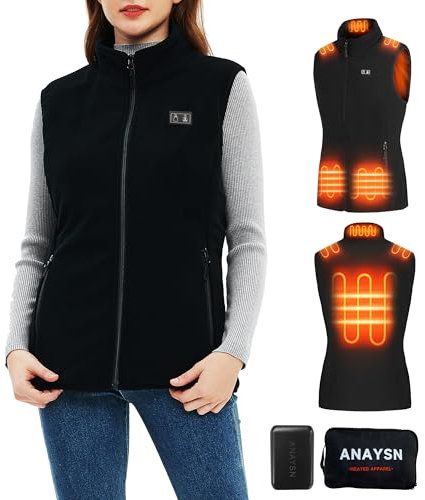 ANAYSN Gilet Riscaldato donna in pile, maglia riscaldata elettrica, Dotato di batteria da 7.4V 16000mAh, Nero, XS