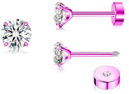 ZDE Titan Damen flache Ohrringe für Frauen Zirkonia Ohrstecker 5mm flache zurück Ohrringe hypoallergen Knorpel Flatback Ohrring Tragus Helix Tragus Conch Piercing - Rosa