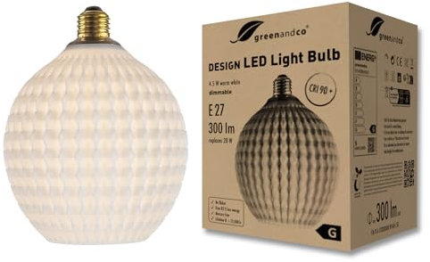 greenandco LED Design Lampe weiss | Origami | dimmbar | E27 | 4,5W 300lm | 3000K warmweiß | CRI 90+ | flimmerfrei | 180° | 230V | nachhaltiges PLA | biologisch abbaubar | 140 * 182mm