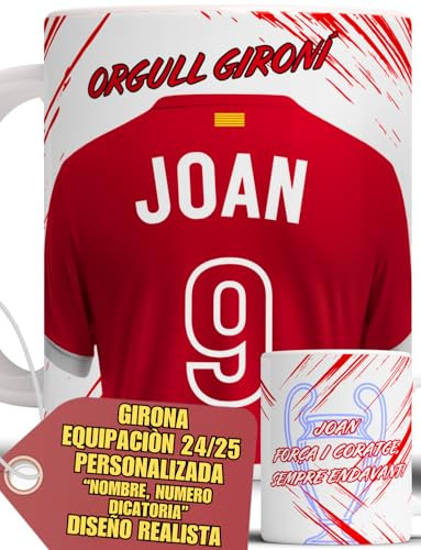 Taza Personalizada Fútbol Girona Nombre Número Y Dedicatoria Equipaciones 24/25 Cerámica, Regalo Original Para Aficionados De Equipos Tazas Personalizadas Apta Microondas Lavavajillas Té Café