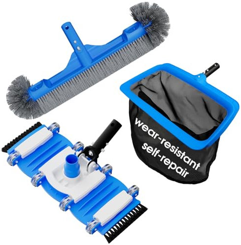 TidyMister 3-in-1-Pool-Reinigungsset, komplettes Set, 45,7 cm, Poolbürste mit abgerundetem Ende und ergonomischem Pool-Vakuumkopf mit Rädern und Pool-Nylon-Netz, feines Netz für oberirdische Pools