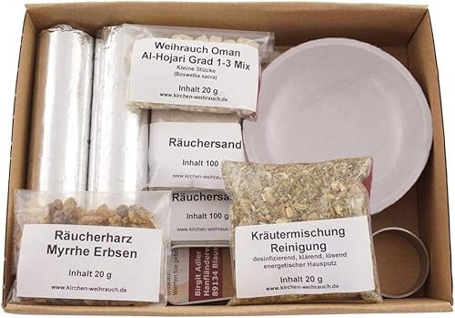 Lot de 9 fumoirs « Nettoyage de la maison » – Mélange d'herbes avec encens Oman Al-Hojari et résine d'encens myrrhe – Bol d'encens et accessoires avec instructions (français non garanti) – Coffret