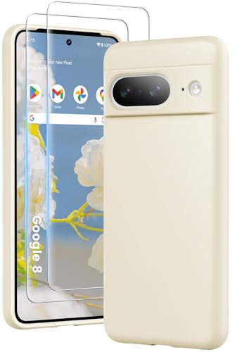 PuyaTeya 3 in 1 Hülle für Google Pixel 8, mit 2 Stück 9H Panzerglas Premium Liquid Silikon Hülle, mit 4-Layer stoßfeste abriebfestes, Soft Mikrofaserfutter Kratzfes Schutzhülle (Beige)