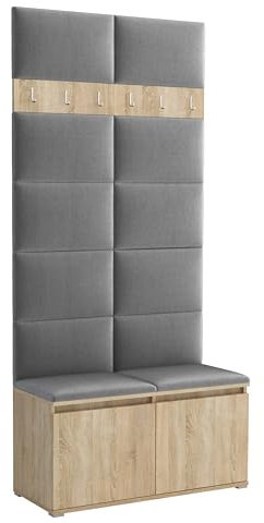 Brent - Garderobenschrank Flur Sonoma Eiche mit sitzbank 100 cm Breit Luton 1 - Multifunktionale Flurgarderobe Set mit Stauraum und Wandpaneel, Garderobe mit Sitzfläche und Kleiderhaken