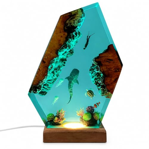 Drawelry 3D Epoxidharz Ozeanfigur Ornamente mit Holzsockel, LED Buntes Nachtlicht, Harz Ozean Tier Statue Hai Wale Pinguin Oktopus Figuren Skulptur Kunsthandwerk Mini Meere Aquarium Dekoration (B7, S)