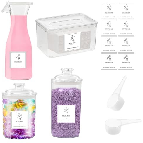 BlyeMichdi Laundry Detergent Storage Set, 4PCS Washing Pods Storage Container Fabric Softener Dispenser with Labels and Scoops, Large Capacity Laundry Pods Storage Container Acrylic Laundry Jars