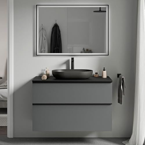 BERNSTEIN - Waschbeckenunterschrank zum Aufhängen, MDF, anthrazit, matt, Waschbecken, Mattschwarz, Metallgriff, Anthrazit, matt, 80 x 46 x 62 cm – LAVOA