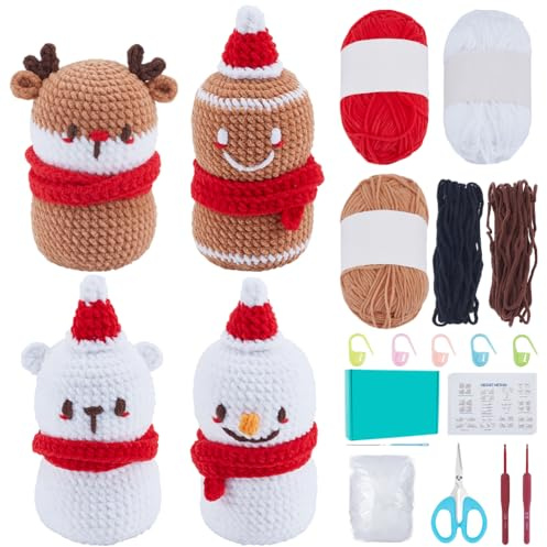INFUNLY 4PCS Set Weihnachts HäkelSet für Anfänger Weihnachts Häkel StarterSet Winter Schneemann DIY HäkelSet für Erwachsene Rentier StrickSet DIY Holiday Geschenk mit Anleitung für Zuhause Dekor