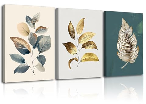 PIY PAINTING Moderne Tableau Sur Toile, Botanique Feuilles Canvas Image, Tableau d'Art Mural Vert, Impression Peinture Minimaliste Encadré Pour Salle De Bain, Salon, Séjour, 3x 40x30 cm, Impression HD