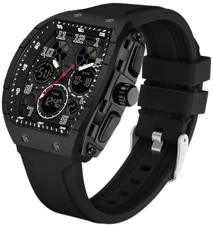 Forrader Uhren für Herren, einzigartig, rechteckig, Sport-Armbanduhr mit digitaler Analoganzeige, Dualzeitanzeige, Countdown, Stoppuhr, Punk, Cooles Design, 5 ATM wasserdicht, Herrenuhr