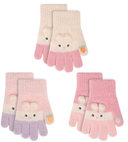QKURT 3 Paar warme Kinderhandschuhe, weiche Thermohandschuhe, Mädchen-Winterfäustlinge aus Fleece, farbenfrohe, kuschelige Strickhandschuhe mit Kaninchenmuster für tägliche Wärme, Alter 4–12 Jahre