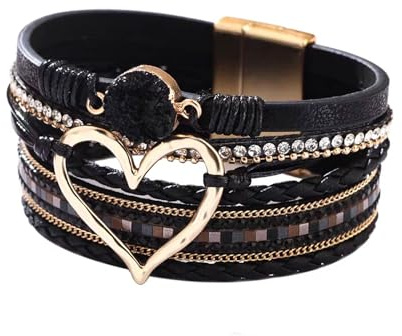 MVOLEGDE Herz Lederarmband Damen,Boho Herz Armband Mädchen,Mehrschichtiges Armband Damen Leder,Inspirierende Geschenke für Frauen