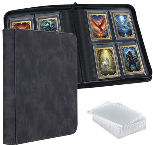 Wigearss Toploader Binder, 112 Karten 4 Fächer Kartenalbum Reißverschluss | 4 Pocket Toploader Binder 3×4, PU-Kunstleder, Reißverschluss, Pokemon MTG Yugioh, inkl. 35PT Hard Sleeves, 112 Karten