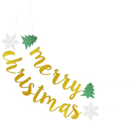 MALUGOGO Weihnachtliche Glitzerpuder-Wimpelkette, Frohe Weihnachten, Flagge, Schneeflocken- und Baum-Design, rotgoldenes Party-Banner, Dekoration für Weihnachtsfeierlichkeiten