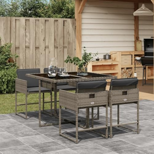 YuuSsea 5-TLG. Garten-Essgruppe, Grau Poly Rattan, Klappstühle, Hartglas-Tischplatte, UV-beständig, für Terrasse, Balkon, Essbereich, Outdoor-Mahlzeiten