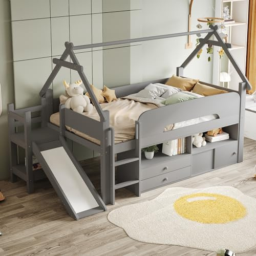 Lcoho Kinderbett 90 x 200,dachförmigem Rahmen,mit Sicherheitsrutsche,mit Schubladen und Sicherheitsgeländer,mit Spielbereich und Stauraum,Multifunktionsbett Massivholzbett Einzelbett Hochbett,Grau