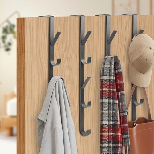 Over Door Hooks, 4 PCS Over Door Hanger, Vertical Overdoor Hook Hanger | No Punching, Heavy Duty Metal Door Hangers for Clothes, Coats, Towel, Hats, Bags, Space Saving (Grey)