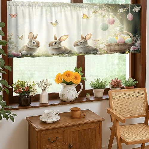 Hasen-Küchenvorhänge, Frühlings-Ei, Schmetterling, Ostern, Pastell, kurzer Volant-Vorhang für Küche, Fenster, Vorhänge über der Spüle, 45,7 x 132,7 cm