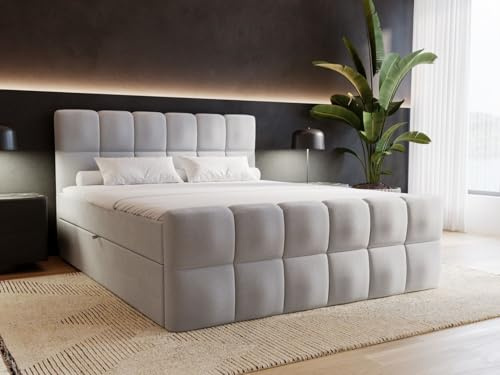 GRAINGOLD Alicante Bett, Boxspringbett mit Bettkasten, Polsterbett mit Bonell-Matratze, Velvet-Stoff, mit Topper, mit Kopfteil (Grau, 160x200)