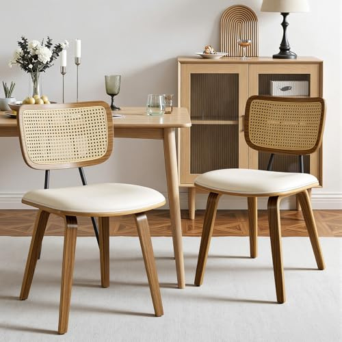 WOOW DEPOT Esszimmerstühle 2er Set mit Natürlichem Rattan Rücken, 6cm Polsterung, Skandinavischer Designer-Stil, Bugholzbeine, 48cm Sitzhöhe, Kunstleder, 150kg Belastbar – Weiß