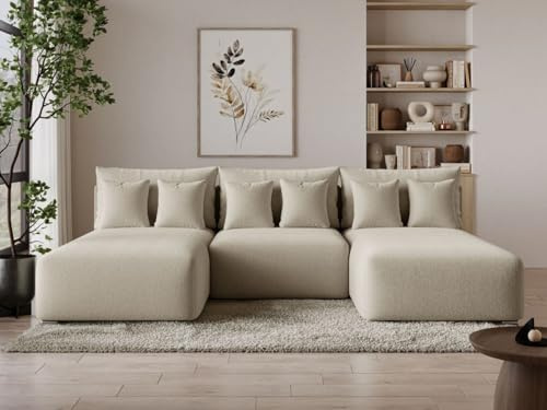 GRAINGOLD Ronni U Ecksofa mit Schlaffunktion und Bettfunktion, 300x190 cm, U-Form Sofa, Schlafcouch für Wohnzimmer, Bouclé-Stoff, 5-Sitzer Wohnlandschaft, Ecksofa mit Stauraum (Beige)
