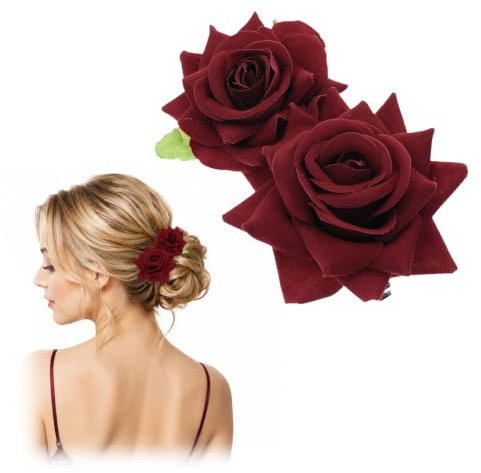 Haarspange Rose Exquisit Haarspangen Rosen Roses Blume Hair Clip Rosé Haarklammer Haarspangen Blumenclips für Damen Mädchen für Braut Hochzeit Valentinstag Karneval Party (Burgunderrot)