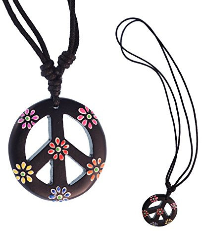 CHICNET® Holzkette Sono Holz Peace Anhänger schwarz Blumen bunt 33 mm verstellbar Baumwolle Hippie