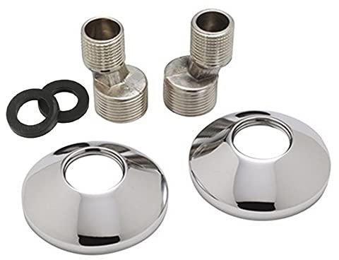 ENKI, P01, Chrome, Cranked Connectors Adaptors with Decorative Plates for Wall Mounted Taps, Adjustment 3/4 to 1/2 Bath Tap Offset, Modern or Traditional Bathroom Design, Solid Metal