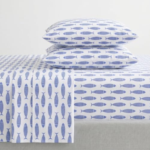 Nautica - Twin Sheet Set, Cotton Percale Bedding Set, Crisp & Cool, Lightweight & Breathable (Woodblock Fish Blue, Twin)