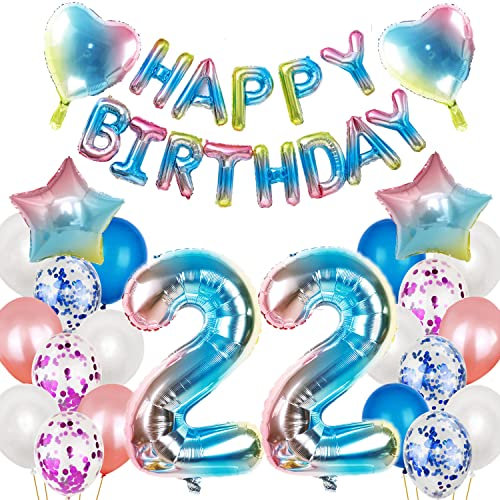 Luftballon 22. Geburtstag Dekoration Set rosa ,22 Geburtstag Deko für frau damen Regenbogen ,balloon 22.Geburtstagsdeko Folienballon 22 Jahre geburtstag faru Deko Happy Birthday 22th für Frauen(22)