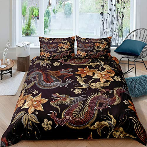 Tbrand Dragon Duvet Cover King Chinese Style Bedding Sets Animal Pattern Plant Floral Decor Comforter Cover China Culture Theme Bedding with Zipper Ties Soft Luxury Duvet Cover for Adult Boys Men