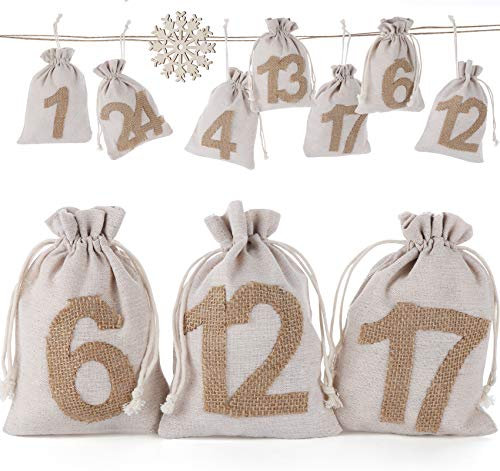 Homewit 24 Filzbeuteln Adventskalender zum selbst Befüllen, Mit 24 Stück Holzschild von Zahl 1-24, Jutesäckchen Weihnachtskalender Weihnachten Geschenktüten DIY Stoffbeutel natur
