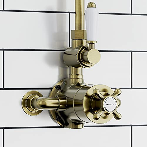ENKI, Downton, T93, Single Shower Unit Outlet, Twin Thermostatic Shower Valve Outlet, Antique Brass Shower Tap Attachment for Bathroom Showers, Traditional Shower Valve Style