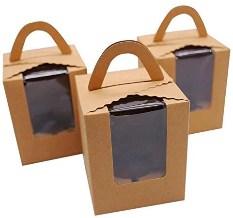 Kraft Cupcake Boxes with Windows - Rustic Vintage Brown Manilla Favour Cookie[5 Boxes,Single Carrier]