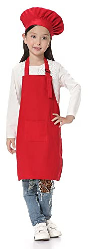 TopTie Juego de delantal para niños de lona de algodón, delantales de cocina y gorro de chef, S-XXL