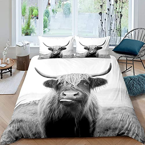 Homewish Hochlandkuh Tröster Abdeckung 200X200 Bauernhaus Tier Milch Bettwäsche Set Lustige süße Kuh Bettbezug Wildlife Tier Bettbezug Grau Weiß Bettwäsche Set Room Decor