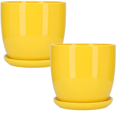 KOTARBAU® 2 x Maceteros con Plato de cerámica esmaltada, 20 cm, Maceta Amarilla, Tiesto Decorativo para Plantas, Maceta con Plato y Orificio de Drenaje, Reflejo Brillante, Macetas de Ceramica 2 UDS