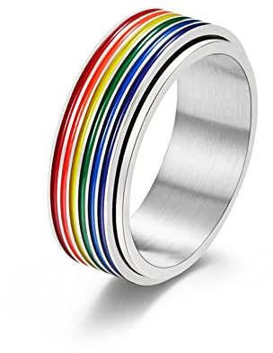 Yifnny Regenbogen Pride Ring, Edelstahl Bunter Spinner Ring Emaille Regenbogen LGBT Stolz Ring für Lesben und Schwule Verlobungsringe Gay Ring für Männer Frauen (Silber, 9)